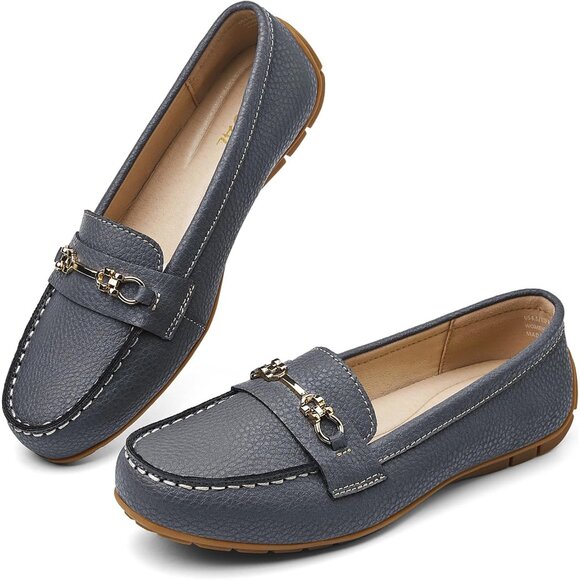 Kordal Women's Grey Leather Gold Accent Buckle Slip-Ons Walking Flats Loafers - Picture 9 of 9